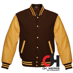 Brown Wool and Genuine Yellow Leather Sleeves Varsity Jacket