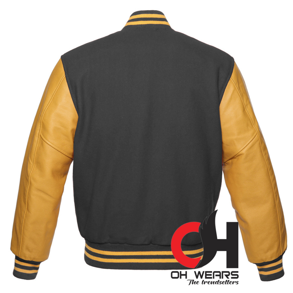 Chaqueta Varsity con mangas de lana gris y cuero amarillo genuino 