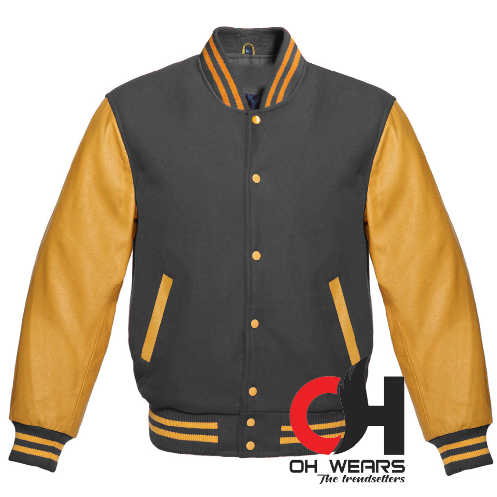 Vintage Varsity Letterman Bomber Jacket in Dark Grey Blend Wool and Genuine Golden Leather Sleeves Jacket, Customize Your Own Varsity Jacket