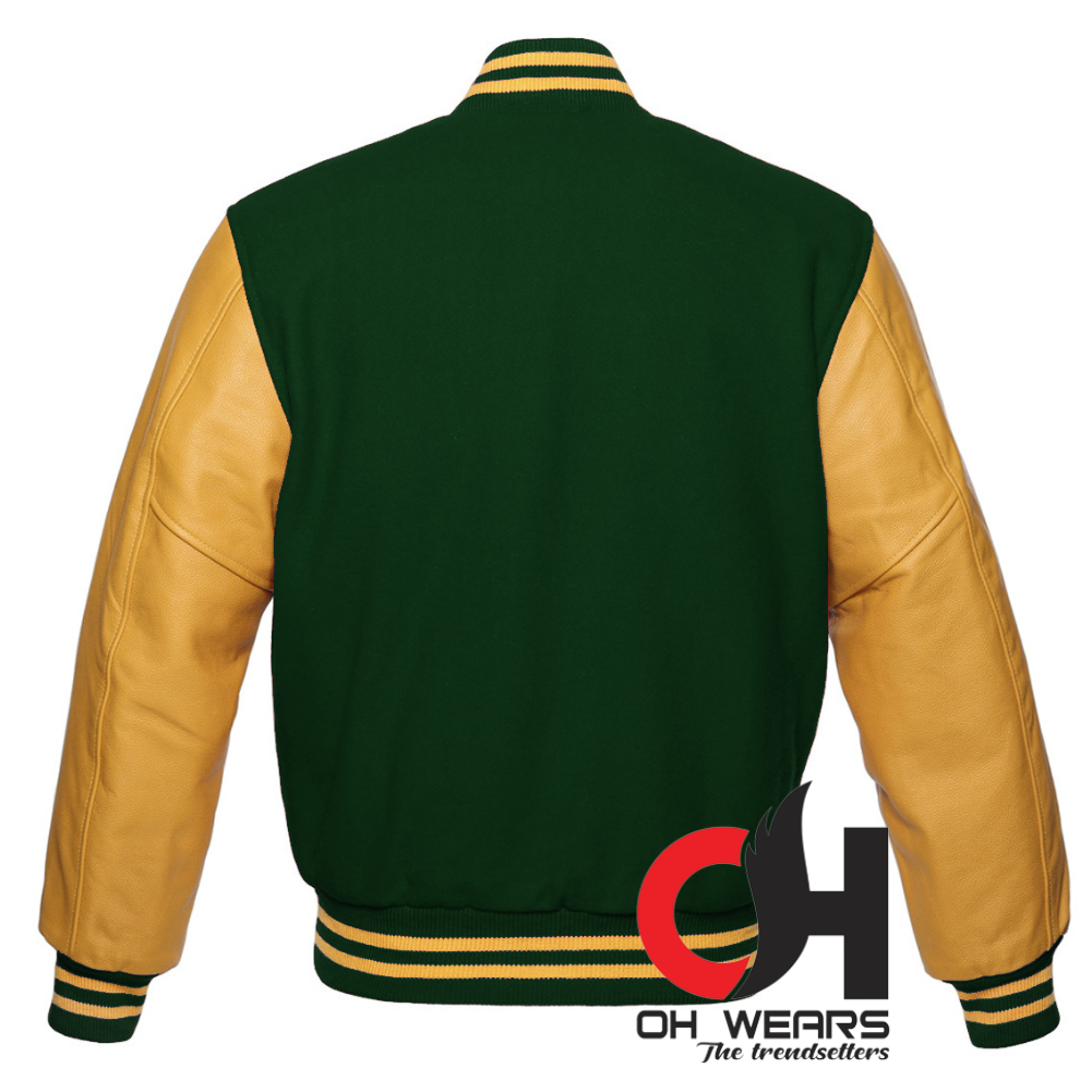 Chaqueta Varsity con mangas de lana verde y cuero amarillo genuino 