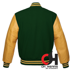 Chaqueta Varsity con mangas de lana verde y cuero amarillo genuino 