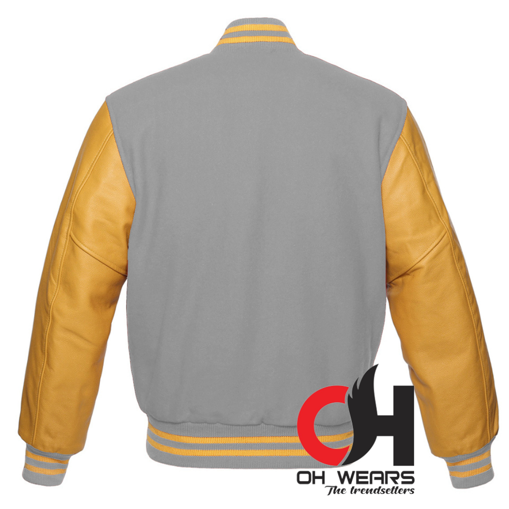 Vintage Men's Varsity Baseball Bomber Light Grey Letterman Jacket, Plus Size Varsity Jacket with Genuine Yellow Leather Sleeves