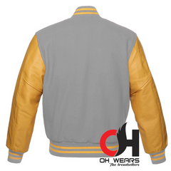 Vintage Men's Varsity Baseball Bomber Light Grey Letterman Jacket, Plus Size Varsity Jacket with Genuine Yellow Leather Sleeves