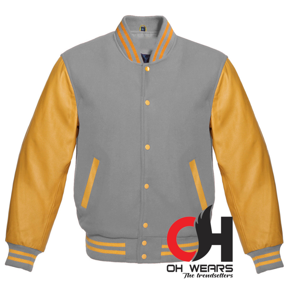 Chaqueta Varsity De Lana Gris Claro Y Mangas De Cuero Genuino Amarillo 