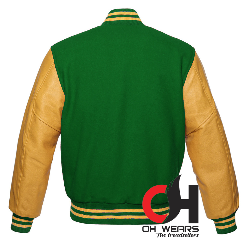 Chaqueta Varsity con mangas de lana verde y cuero amarillo genuino 