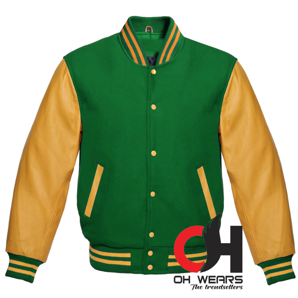 Chaqueta Varsity con mangas de lana verde y cuero amarillo genuino 