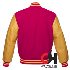 Hot Pink Women’s Varsity Jacket, Yellow Leather Sleeves with Hot Pink Blend Wool Plus Size Varsity Jackets for Women, Men and Kids