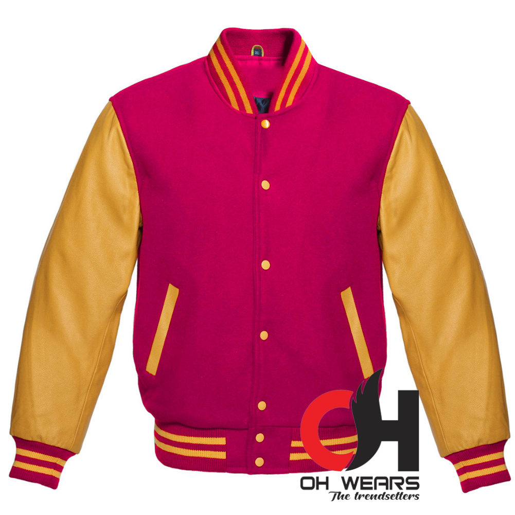 Hot Pink Women’s Varsity Jacket, Yellow Leather Sleeves with Hot Pink Blend Wool Plus Size Varsity Jackets for Women, Men and Kids