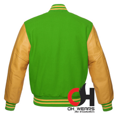 Chaqueta Varsity de lana verde loro y mangas de cuero amarillo genuino 