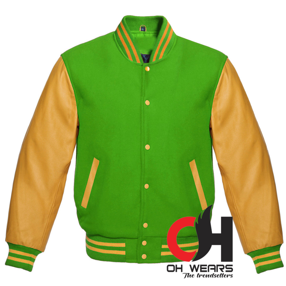 Chaqueta Varsity de lana verde loro y mangas de cuero amarillo genuino 