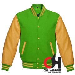 Parrot Green Wool and Genuine Yellow Leather Sleeves Varsity Jacket