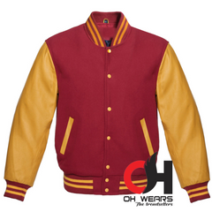 Chaqueta Varsity con mangas de lana granate y cuero amarillo genuino 