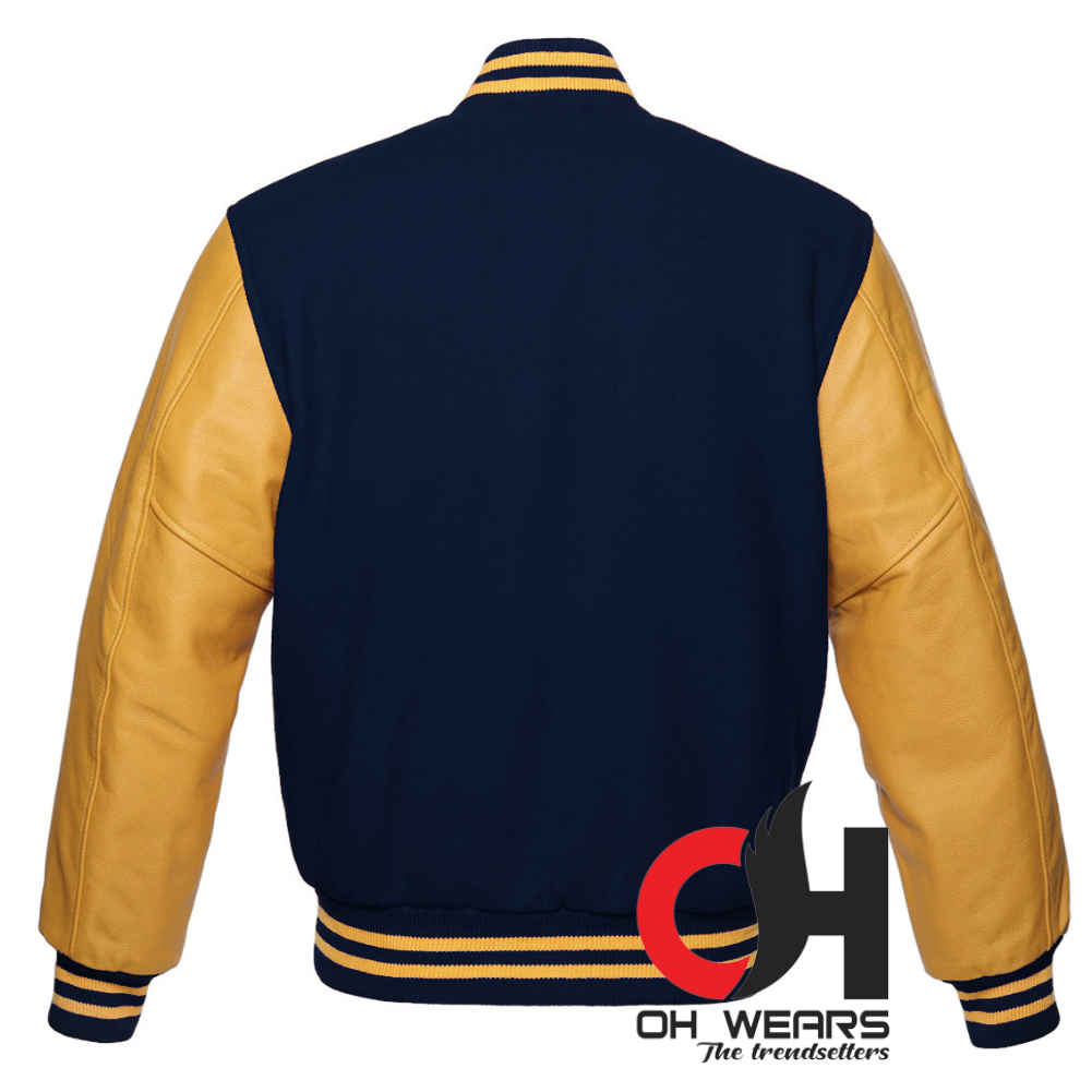 Chaqueta Varsity De Lana Azul Marino Y Mangas De Cuero Genuino Amarillo 