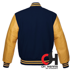 Chaqueta Varsity De Lana Azul Marino Y Mangas De Cuero Genuino Amarillo 