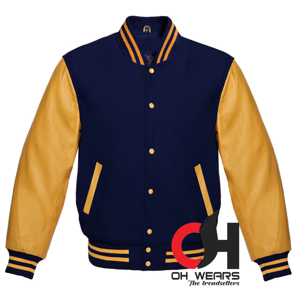 Chaqueta Varsity De Lana Azul Marino Y Mangas De Cuero Genuino Amarillo 