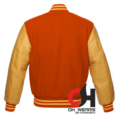 Chaqueta Varsity con mangas de lana naranja y cuero amarillo genuino 