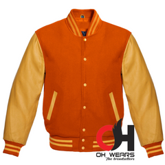 Chaqueta Varsity con mangas de lana naranja y cuero amarillo genuino 