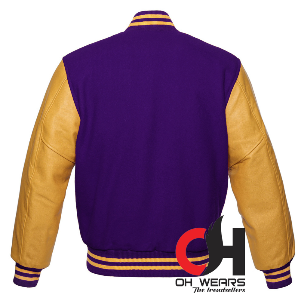 Purple Wool and Genuine Yellow Leather Sleeves Varsity Jacket