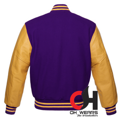 Purple Wool and Genuine Yellow Leather Sleeves Varsity Jacket