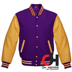 Chaqueta universitaria con mangas de lana morada y cuero amarillo genuino 