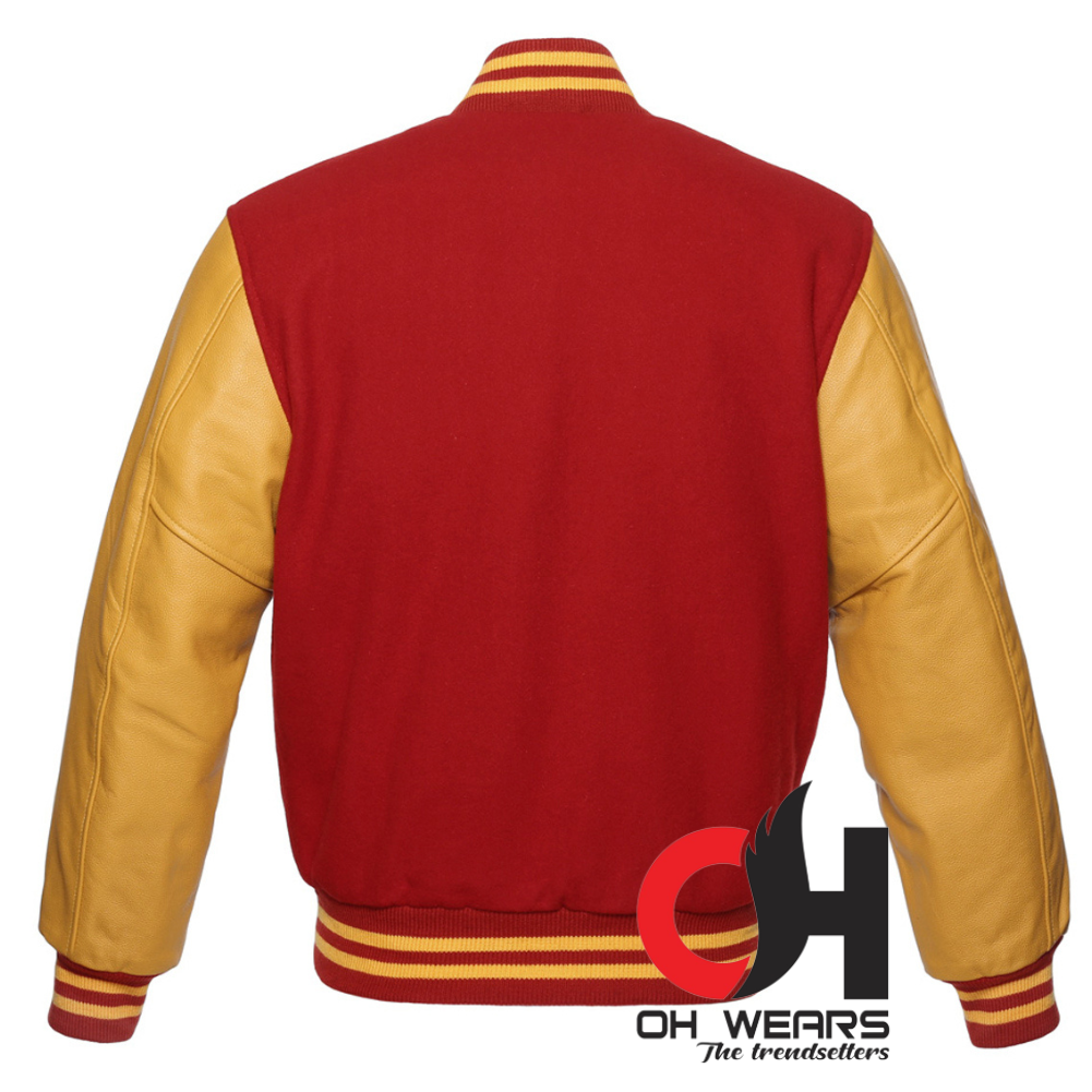 Red Wool and Genuine Yellow Leather Sleeves Varsity Jacket