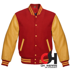 Chaqueta Varsity con mangas de lana granate y cuero amarillo genuino 