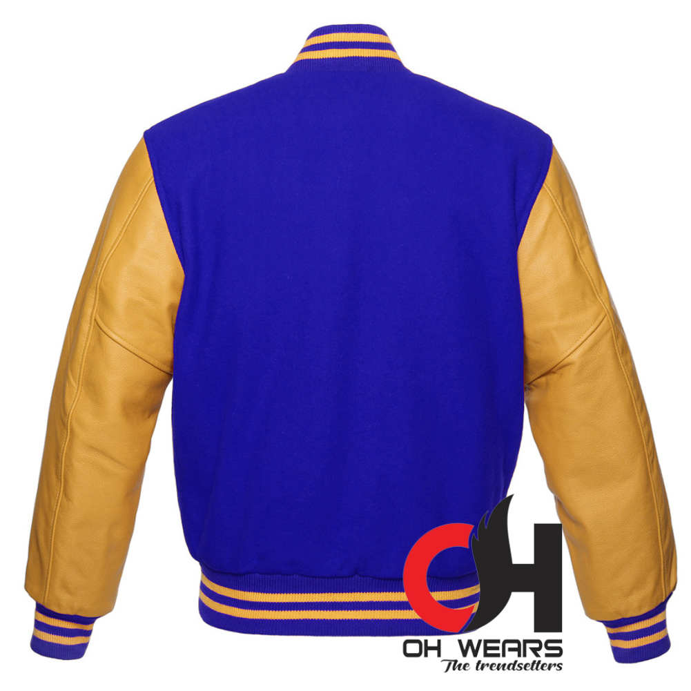 Chaqueta Varsity De Lana Azul Claro Y Mangas De Cuero Genuino Amarillo 