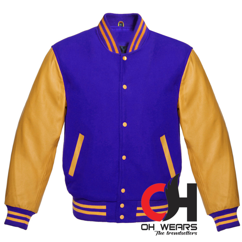 Chaqueta Varsity De Lana Azul Claro Y Mangas De Cuero Genuino Amarillo 