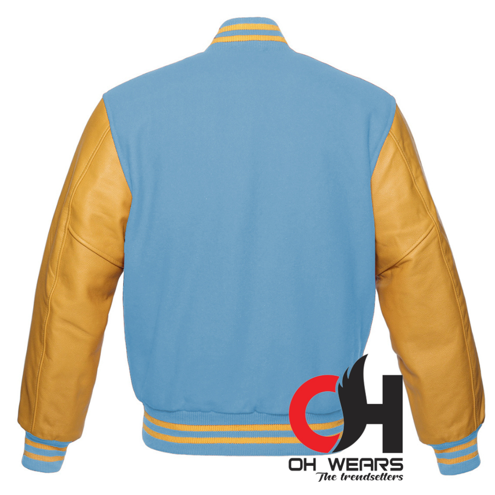 Chaqueta Varsity De Lana Azul Claro Y Mangas De Cuero Genuino Amarillo 