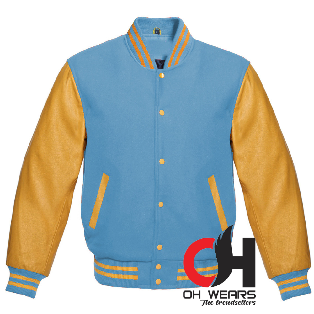 Chaqueta Varsity De Lana Azul Claro Y Mangas De Cuero Genuino Amarillo 