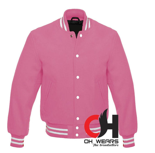 Unisex Light Pink Full Wool Varsity jacket with White Ribs