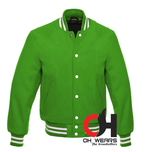 Unisex Green Full Wool Varsity jacket with White Ribs