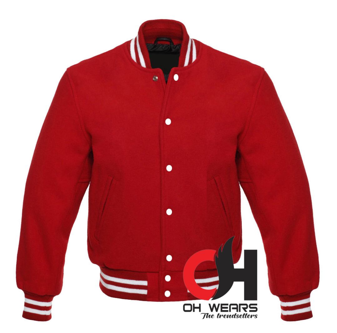 Unisex Red Full Wool Varsity jacket with White Ribs