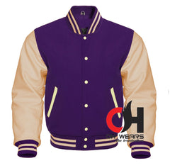 Chaqueta con mangas universitarias de lana morada y cuero crema genuino 