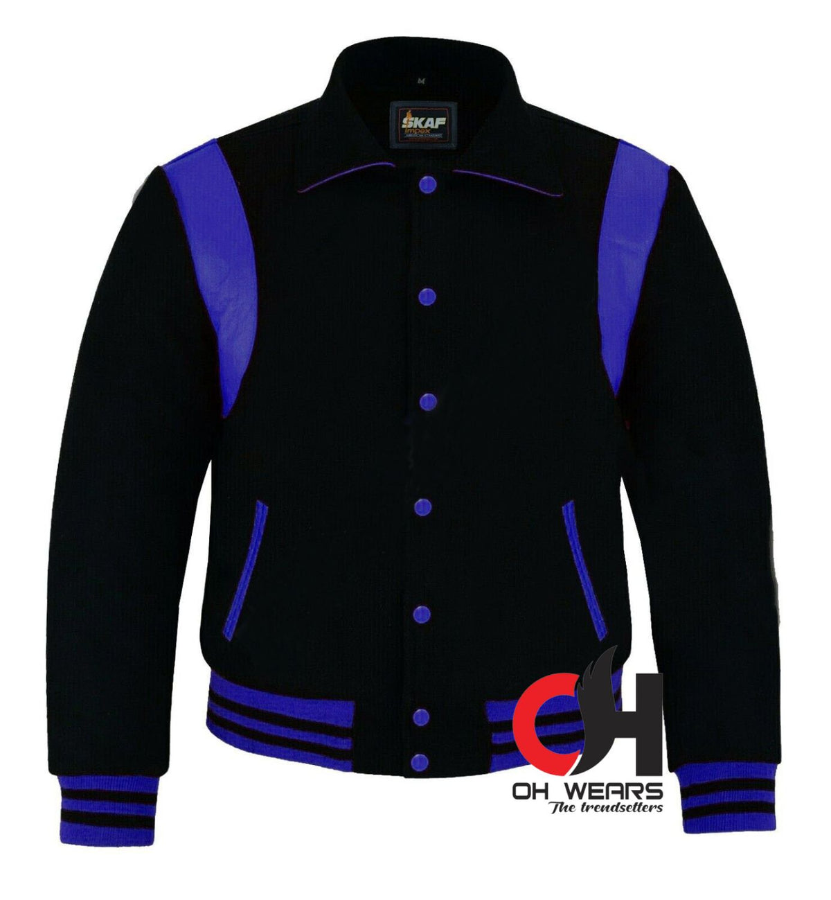 Varsity-Baseball-Bomberjacke mit Byron-Kragen für Herren, schwarze Wolle, blaue Lederstreifen, Letterman-Jacke, Varsity-College-Jacken für Herren, Damen und Kinder 