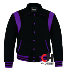 Varsity-Jacke mit Byron-Kragen für Herren, schwarze Wolle, lila Lederstreifen, Baseball-Bomber-Letterman-Jacke, Varsity-College-Jacken für Herren, Damen und Kinder 