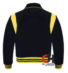 Men's Varsity Byron Collar Black Woolen Yellow Leather Stripes Baseball Bomber Letterman Jacket Varsity Men's Women's Kid's college jackets