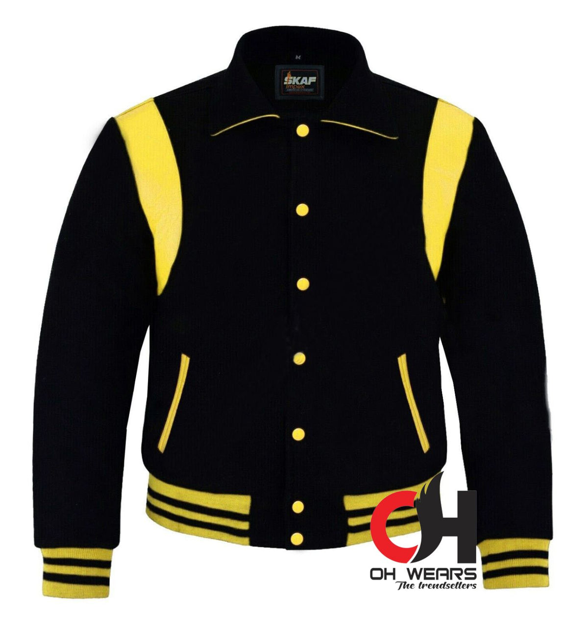 Varsity-Baseball-Bomberjacke mit Byron-Kragen für Herren, schwarze Wolle, gelbe Lederstreifen, Letterman-Jacke, Varsity-College-Jacken für Herren, Damen und Kinder 