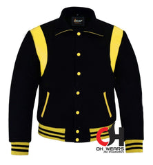 Men's Varsity Byron Collar Black Woolen Yellow Leather Stripes Baseball Bomber Letterman Jacket Varsity Men's Women's Kid's college jackets