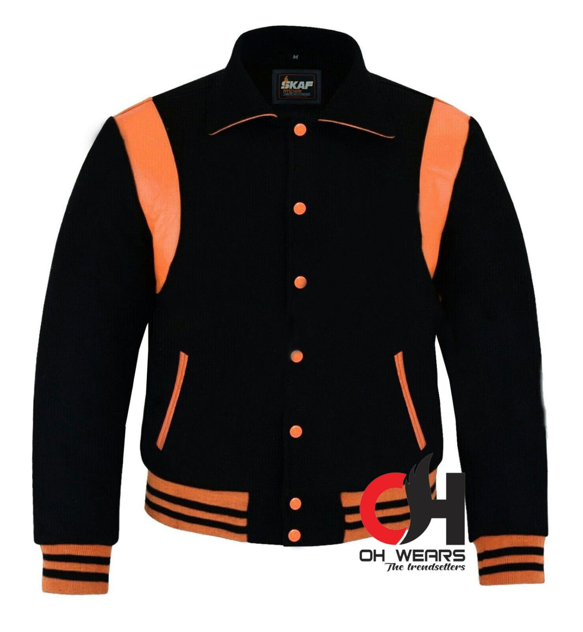 Varsity-Baseball-Bomberjacke mit Byron-Kragen für Herren, schwarze Wolle, orangefarbenes Leder, Streifen, Letterman-Jacke, Varsity-College-Jacken für Herren, Damen und Kinder 