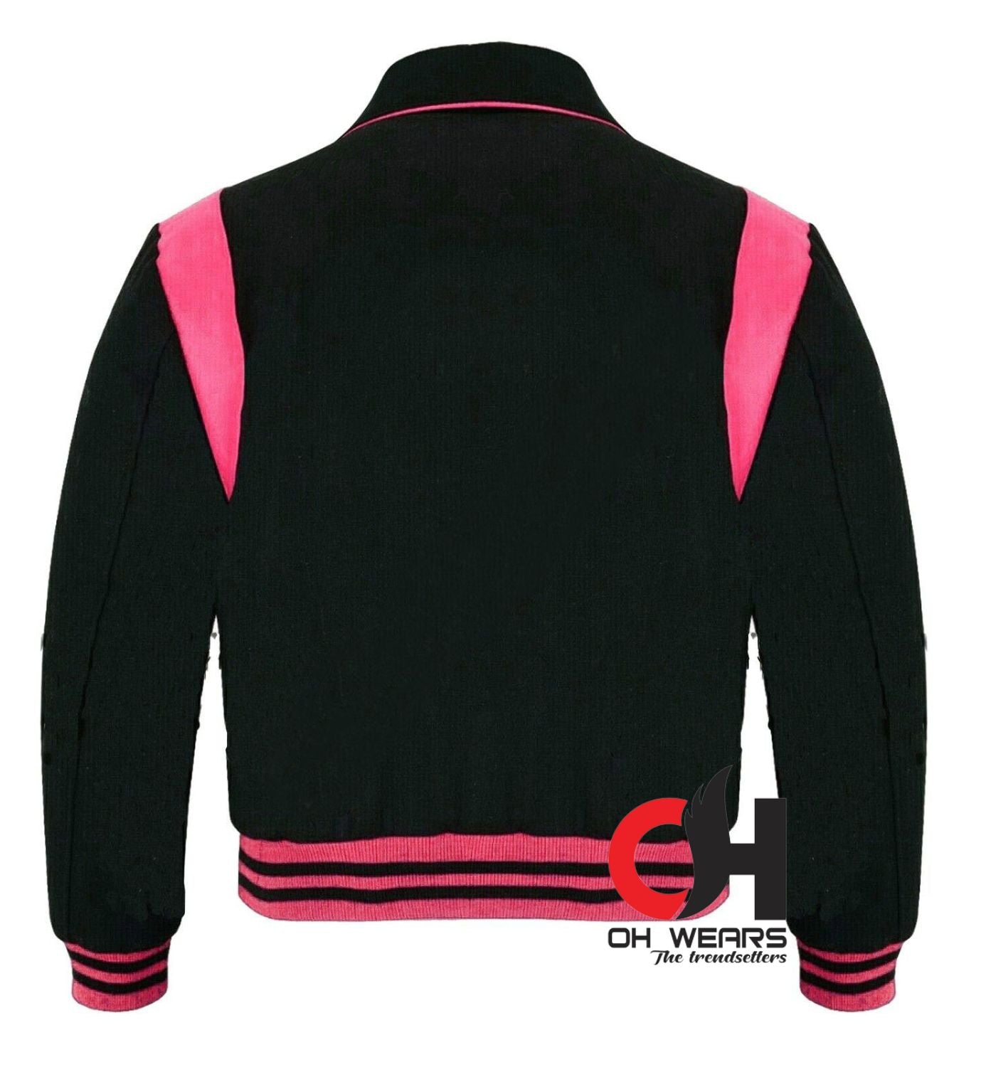 Men's Varsity Byron Collar Black Woolen Pink Leather Stripes Baseball Bomber Letterman Jacket Varsity Men's Women's Kid's college jackets