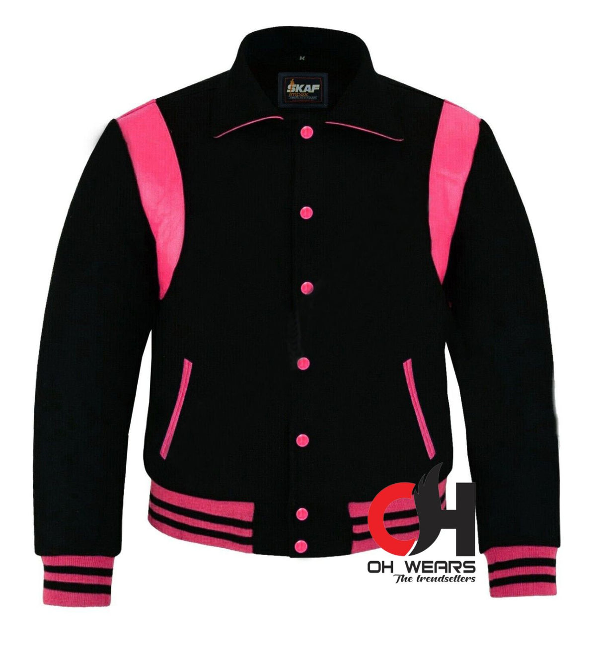 Varsity Byron Collar para hombre Lana negra Rayas de cuero rosa Béisbol Bomber Letterman Chaqueta Varsity Chaquetas universitarias para hombres y mujeres para niños 