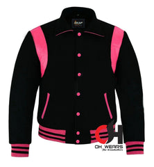 Herren-Baseball-Bomberjacke mit Byron-Kragen, schwarzer Wolle, rosa Lederstreifen, Letterman-Jacke, College-Jacken für Herren, Damen und Kinder 