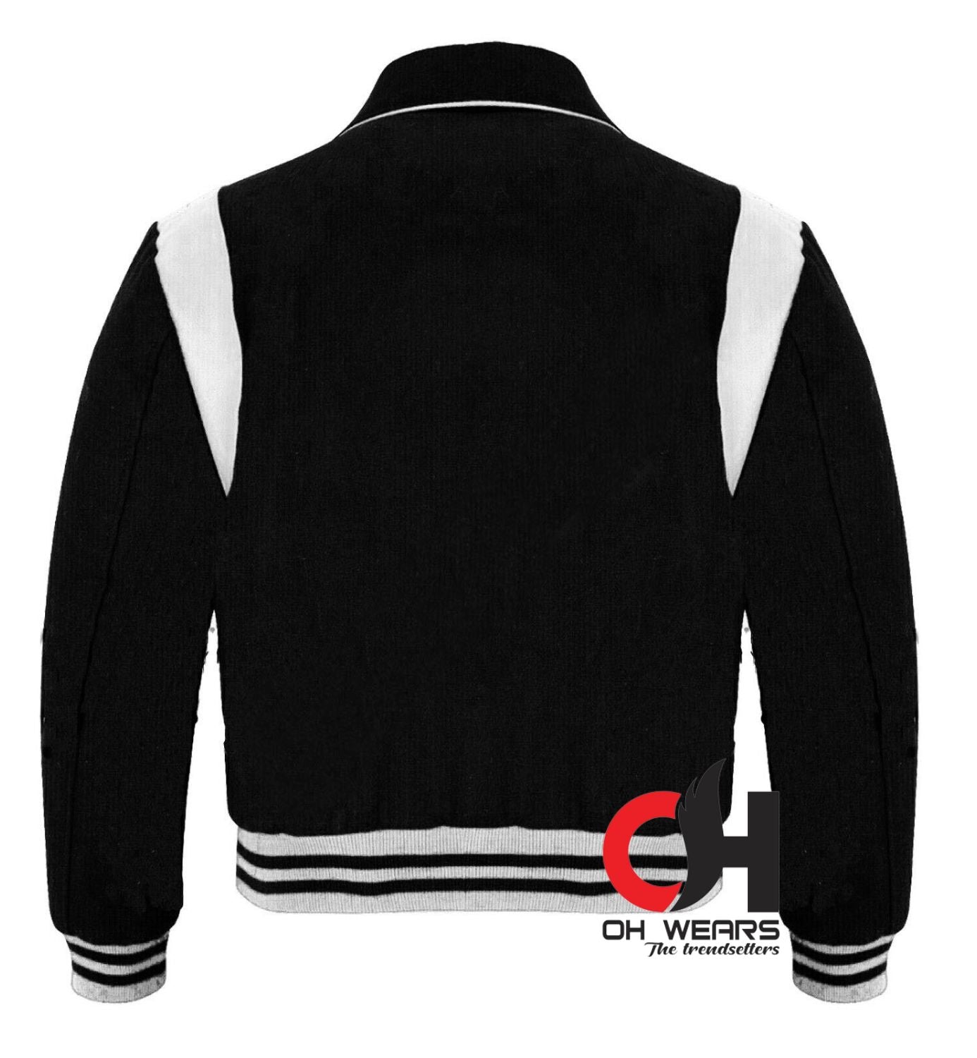 Chaqueta universitaria de béisbol con rayas de cuero blanco y lana negra con cuello Byron 