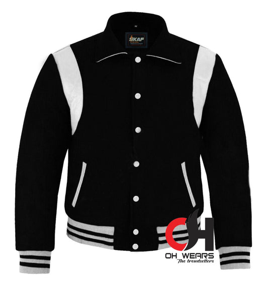 Byron Collar Black Woolen White Leather Stripes Baseball Varsity Jacket