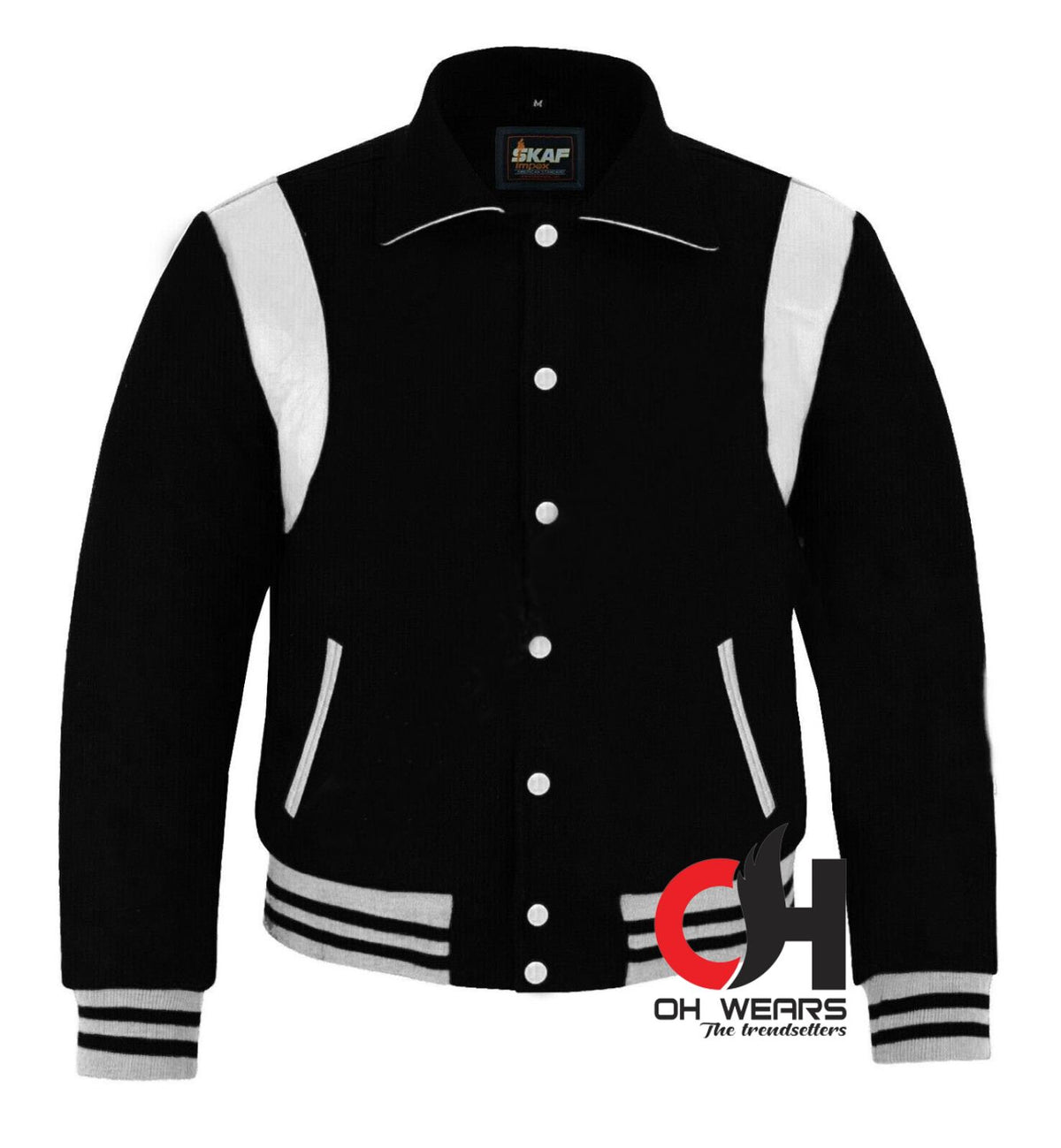 Chaqueta universitaria de béisbol con rayas de cuero blanco y lana negra con cuello Byron 