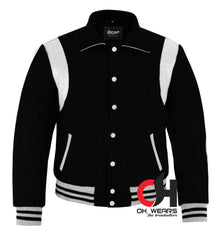 Chaqueta universitaria de béisbol con rayas de cuero blanco y lana negra con cuello Byron 