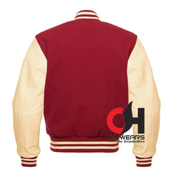 Chaqueta Varsity De Lana Granate Y Mangas De Cuero Genuino Crema 