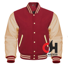 Chaqueta Varsity De Lana Granate Y Mangas De Cuero Genuino Crema 