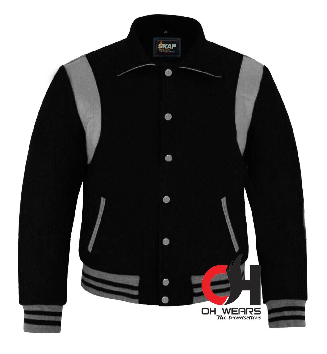 Byron Collar Black Woolen Gray Leather Stripes Varsity Jacket